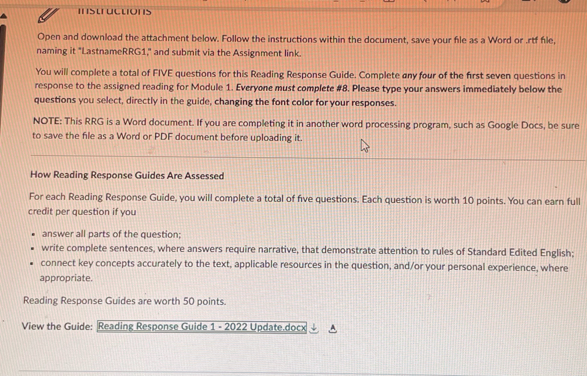 Reading Guide: Reading Response Guide 1 - 2022