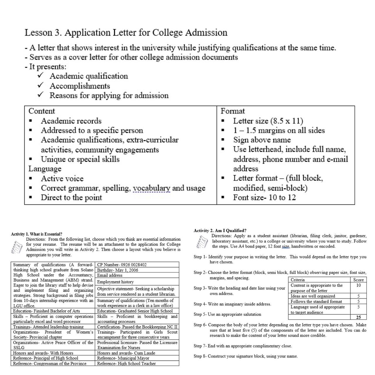 Lesson 2. Rsum Components . Contaet information
