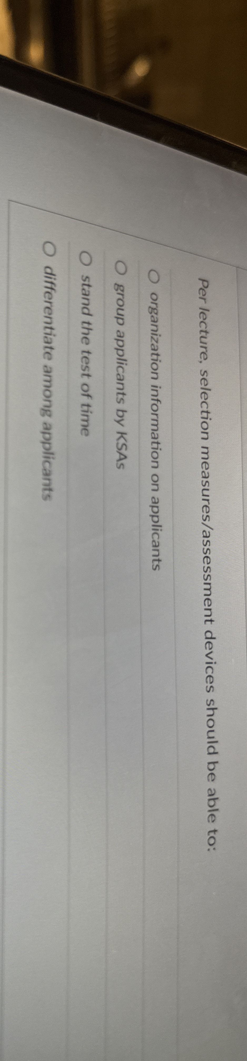 Per lecture, selection measures / assessment