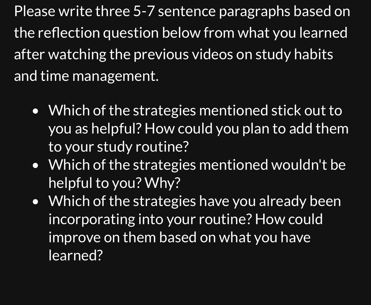 for each question write three 5-7 sentence