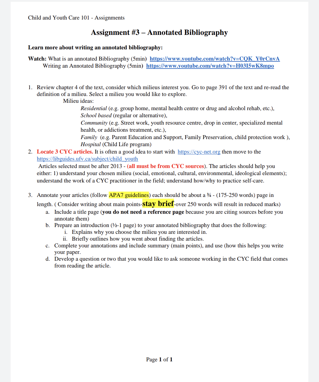 Child and Youth Care 101 - Assignments Assignment