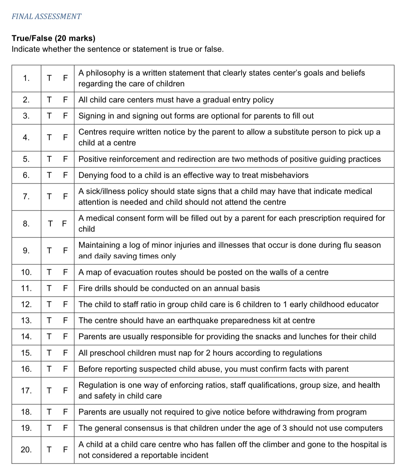 Please answer all the questions below on whether