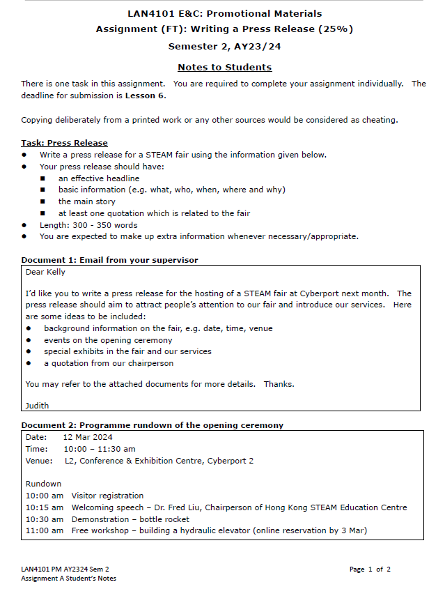 LAN4101 E&C: Promotional Materials Assignment