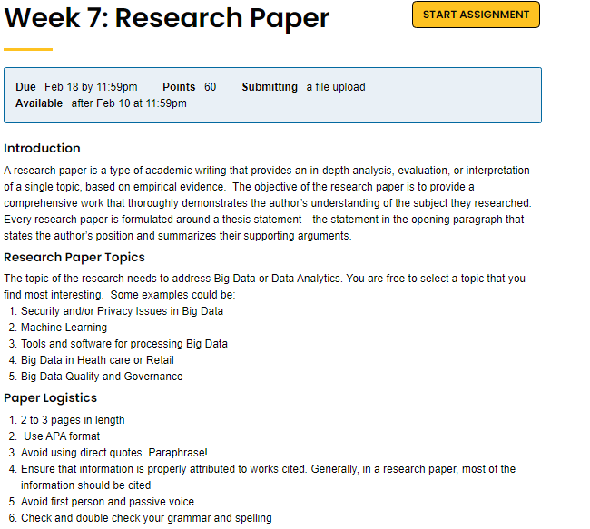 Week 7: Research Paper START ASSIGNMENT Due Feb