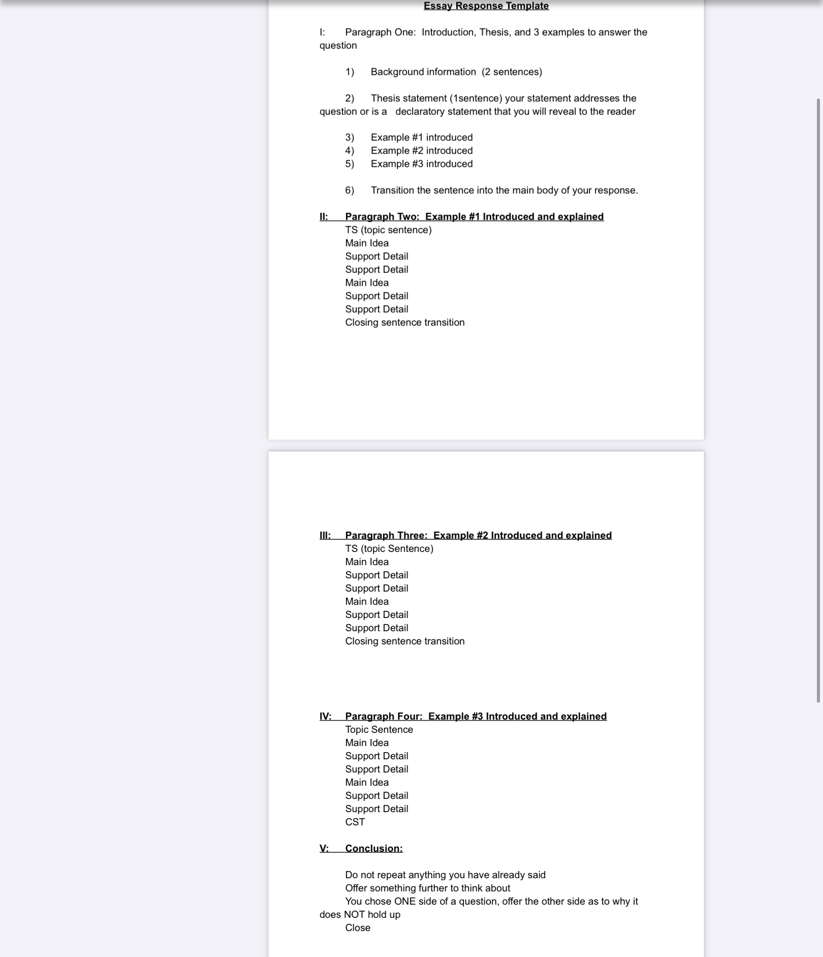 Essay Response Template I: Paragraph One: