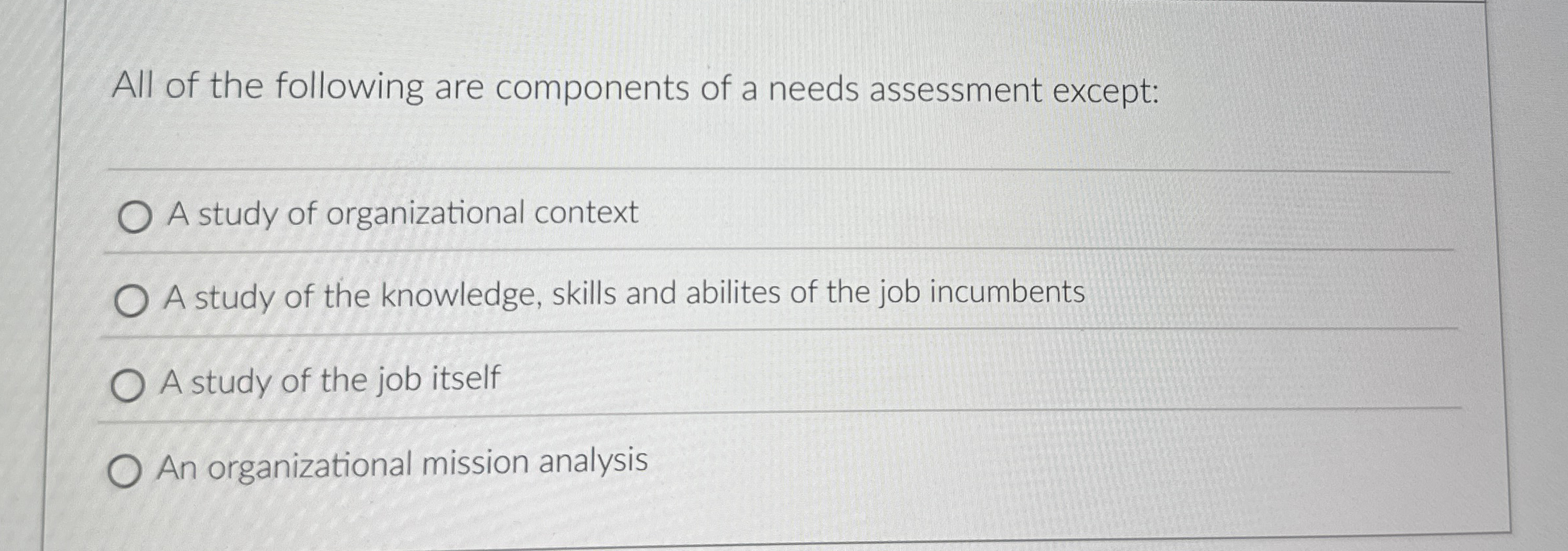 All of the following are components of a needs