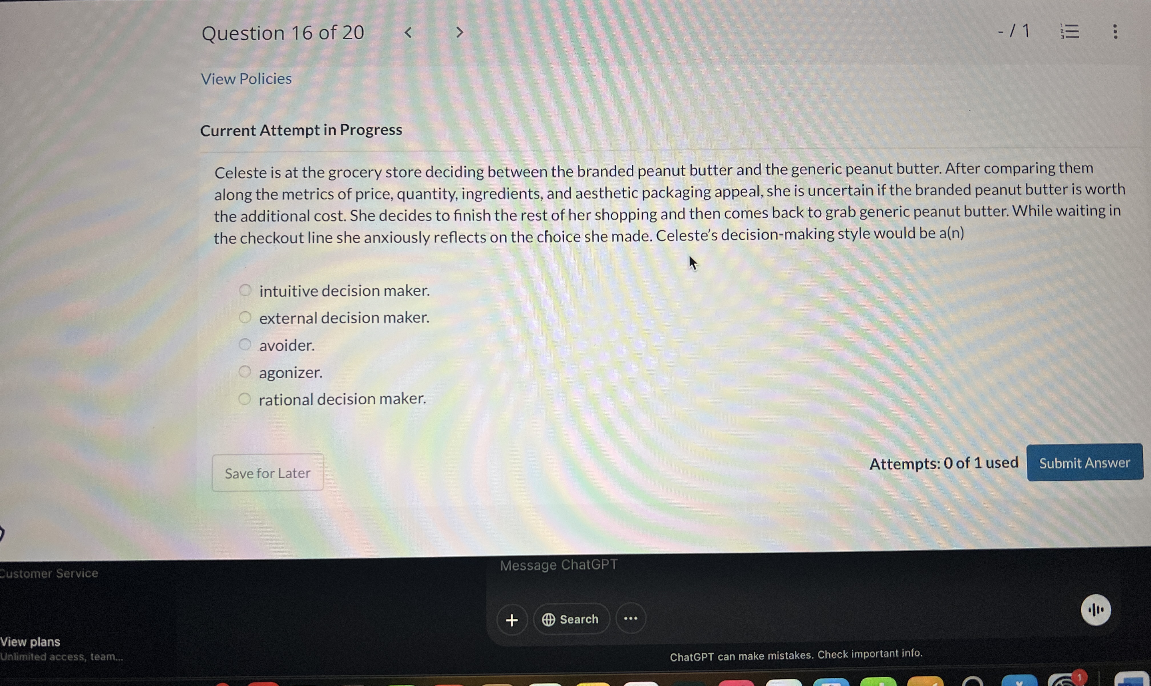 Question 1 6 of 2 0 / 1 View Policies Current
