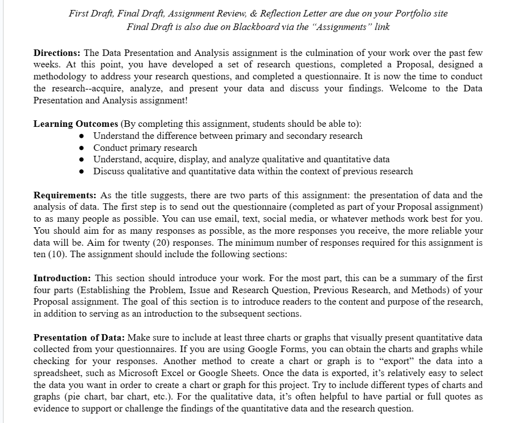 First Draft, Final Draft, Assignment Review, &