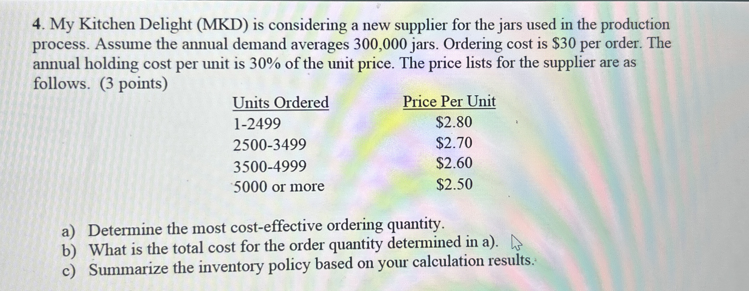 My Kitchen Delight ( MKD ) is considering a new