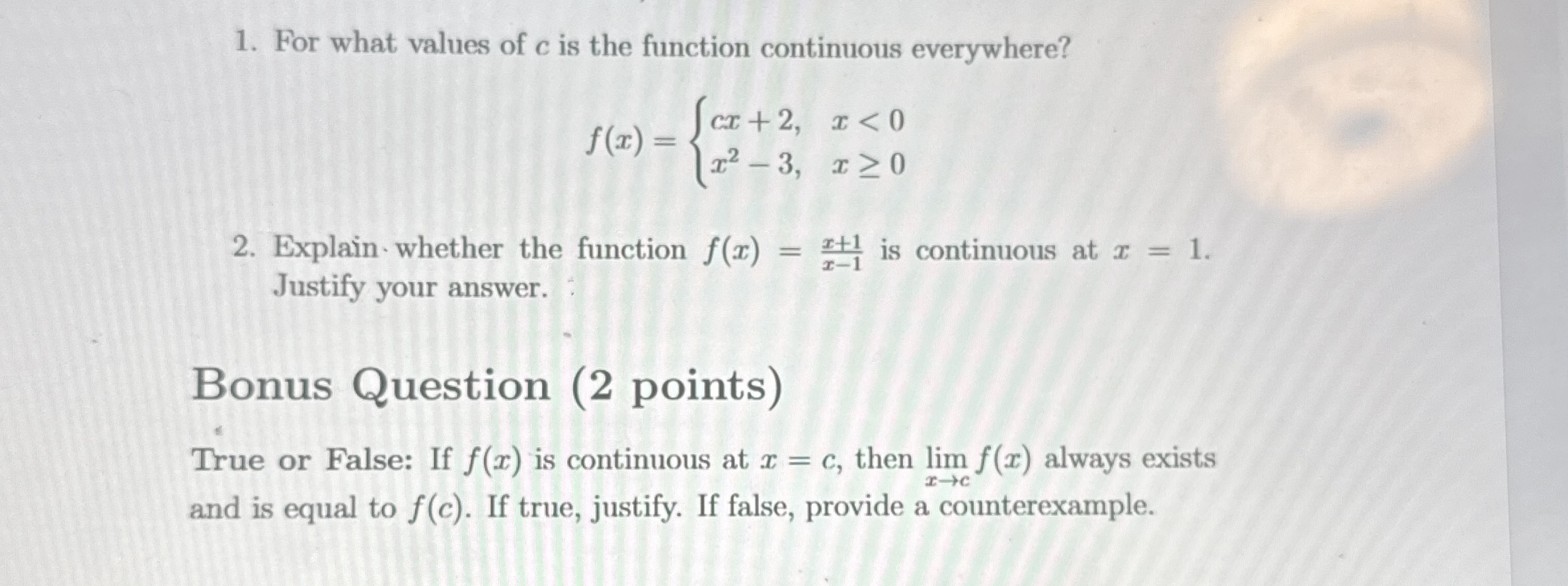 For what values of c is the function continuous