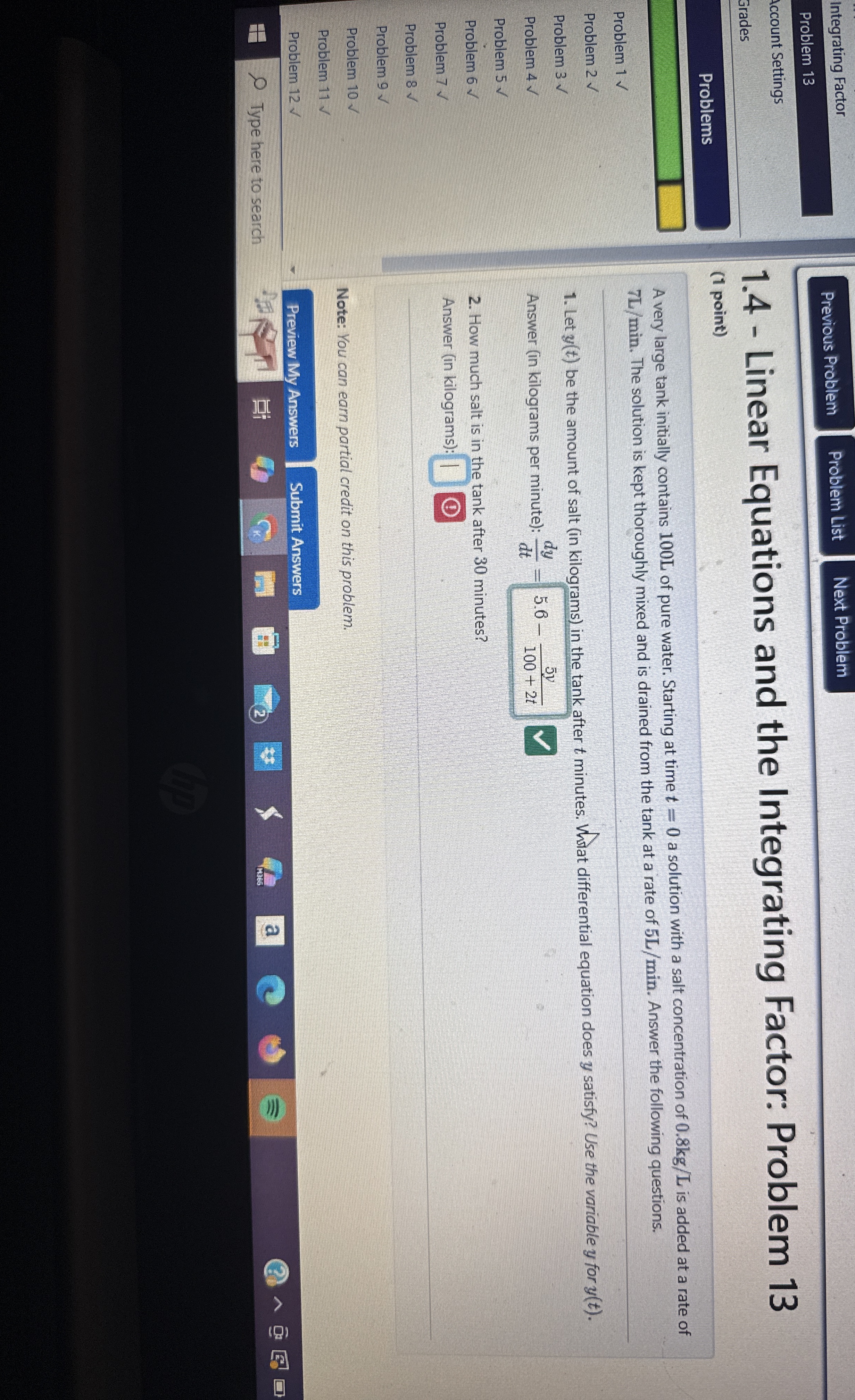 how much salt is in the tank after 3 0 mins