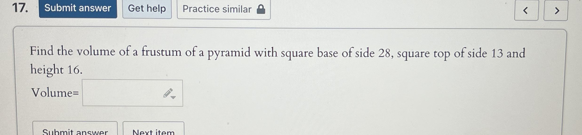 q , | Find the volume of a frustum of a pyramid