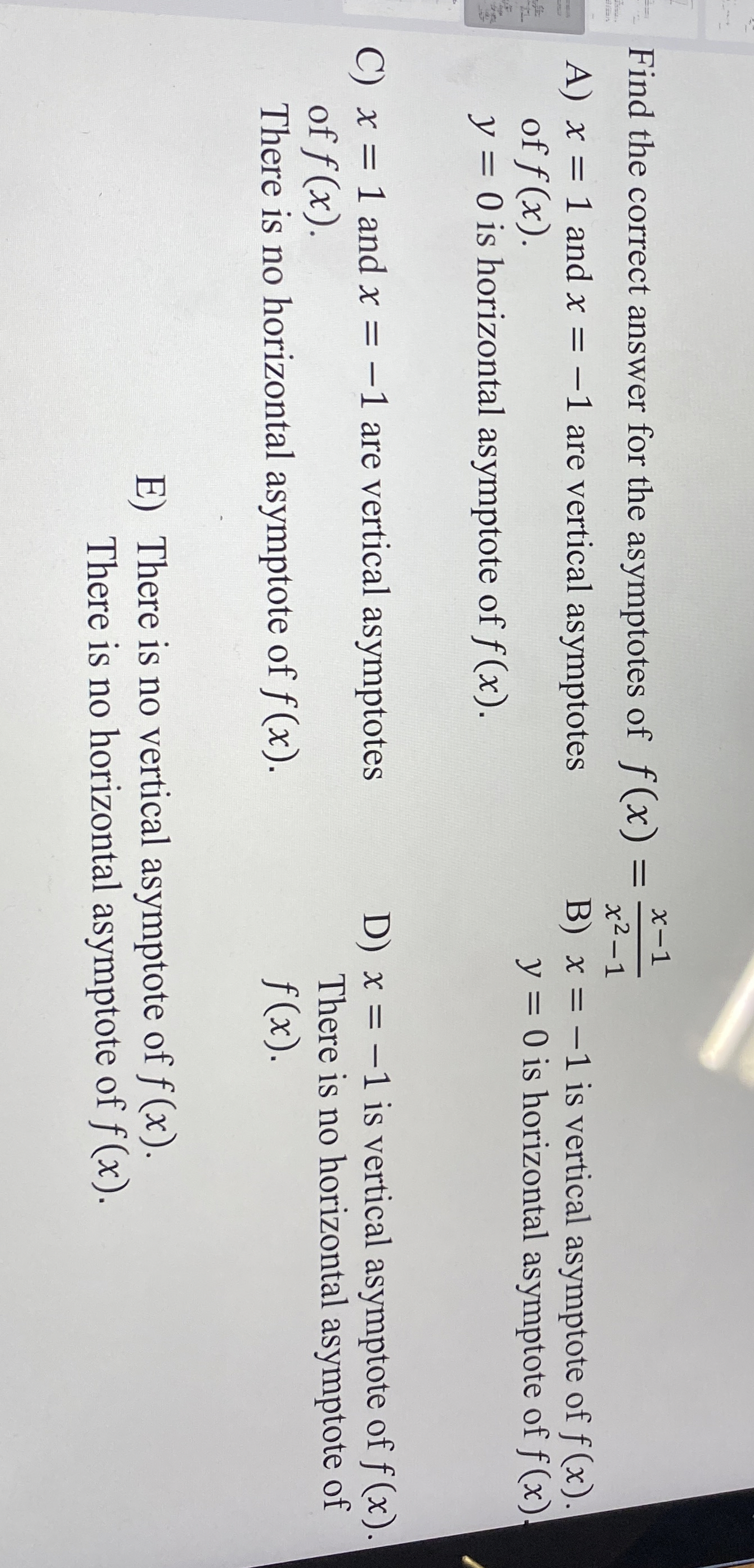 Find the correct answer for the asymptotes of f (