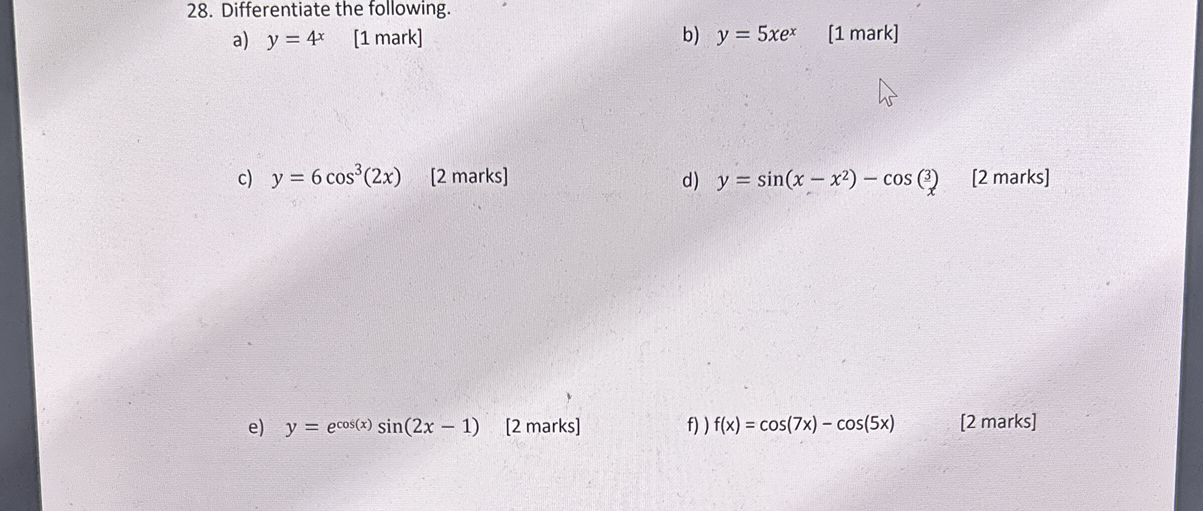 Differentiate the following. a ) mark ] b ) y = 5