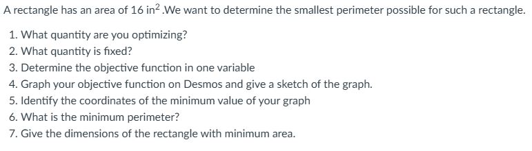 A rectangle has an area of \ ( 1 6 \ mathrm { in