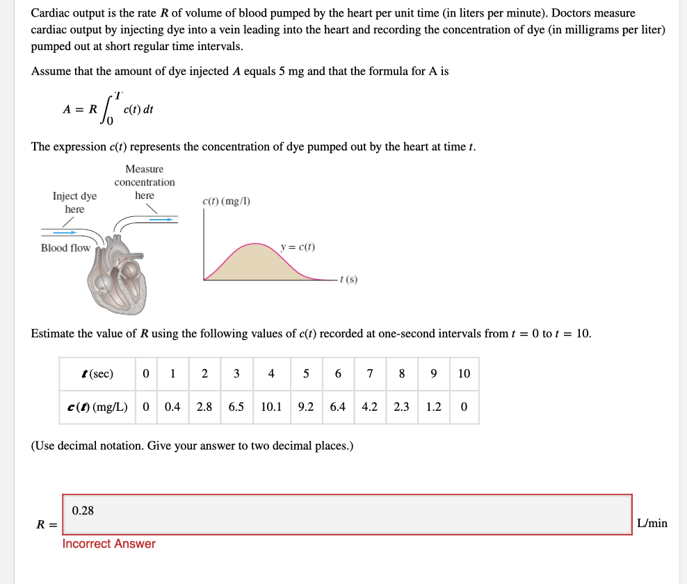 Cardiac output is the rate \ ( R \ ) of volume of