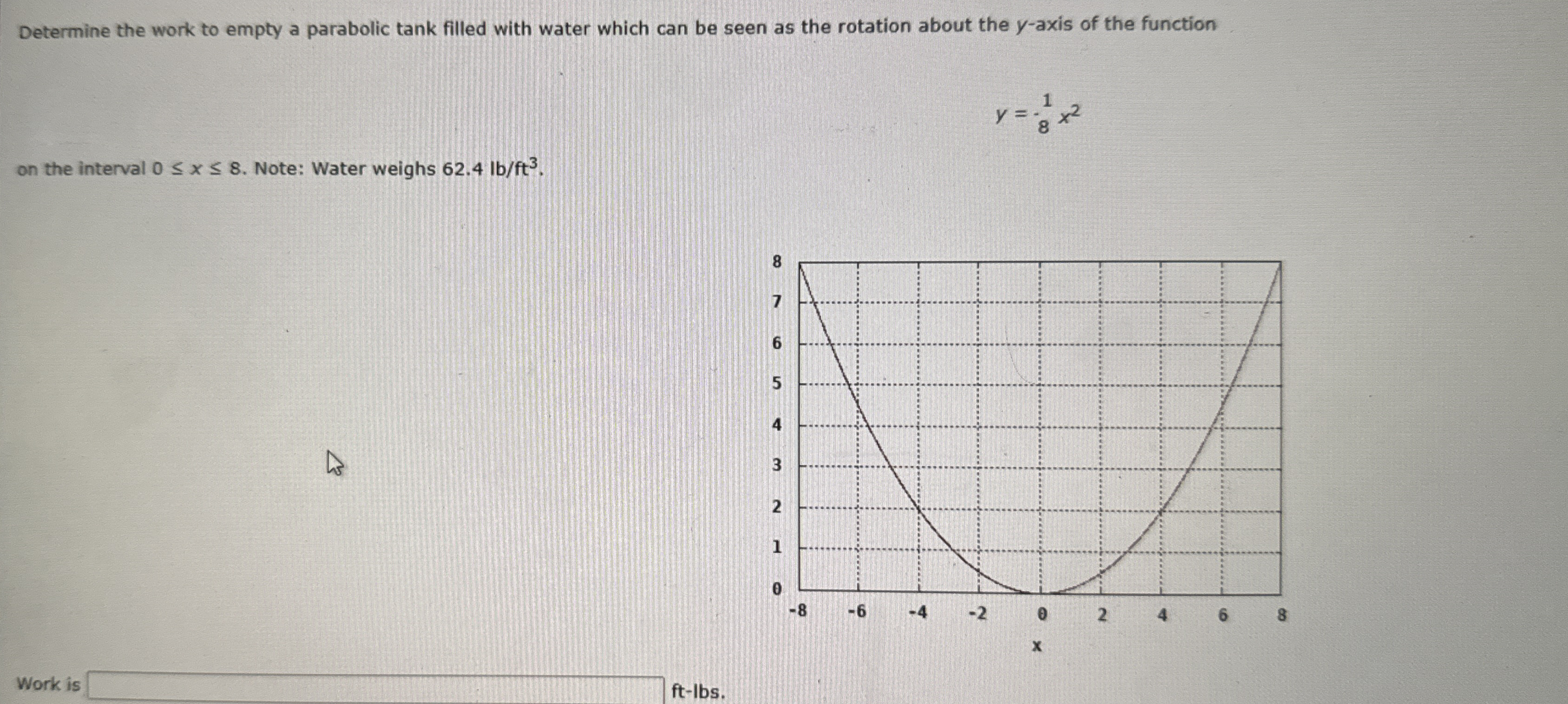 Determine the work to empty a parabolic tank