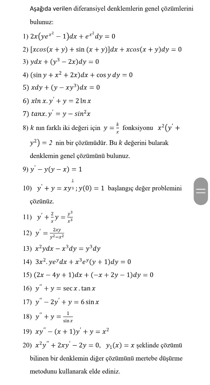 A a da verilen diferansiyel denklemlerin genel z