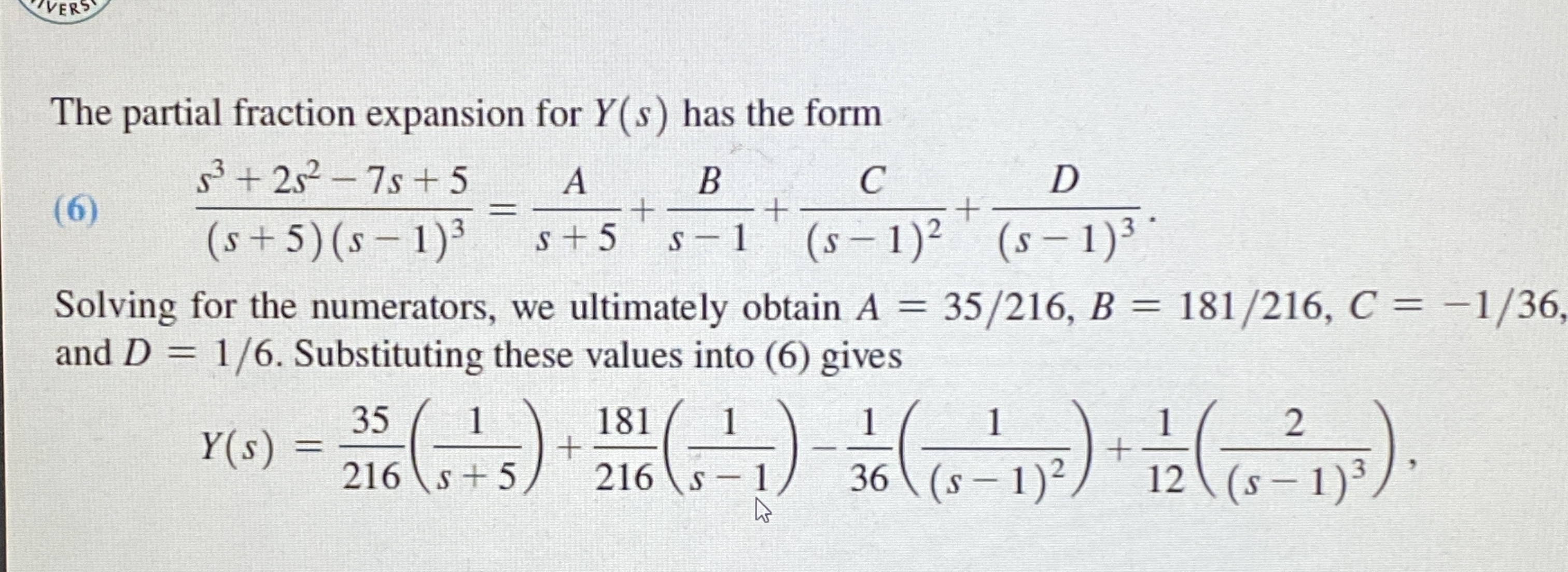 The partial fraction expansion for Y ( s ) has