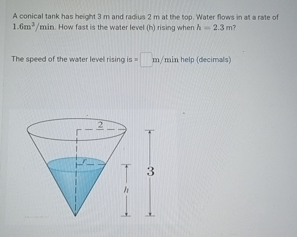 A conical tank has height 3 m and radius 2 m at