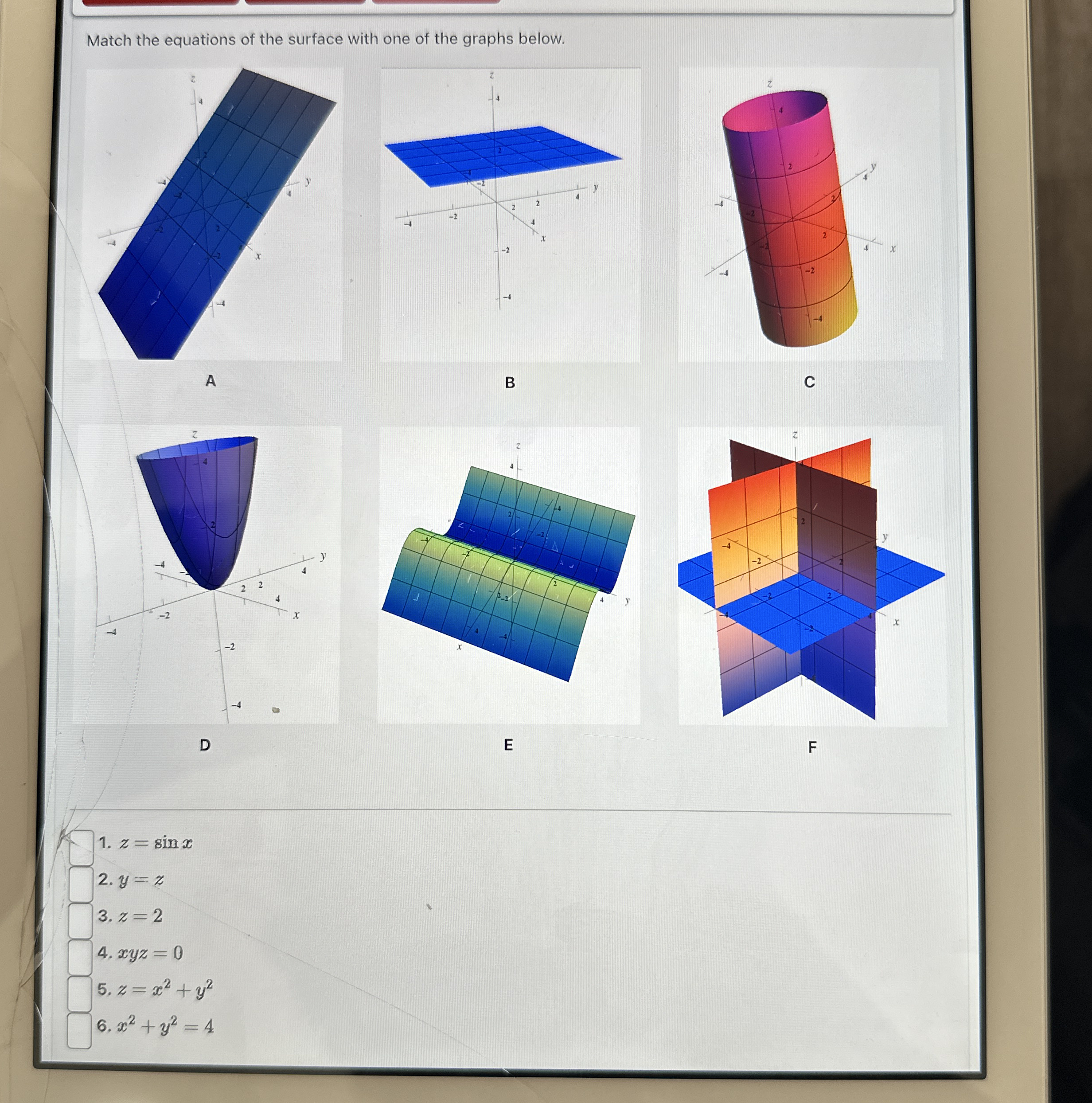 Match the equations of the surface with one of