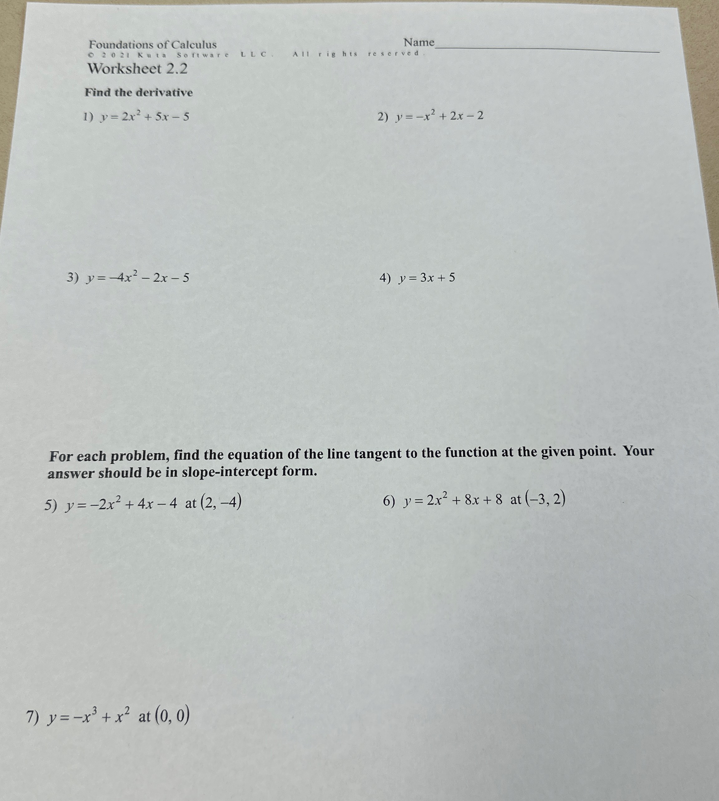 Foundations of Calculus Name 2 0 2 1 Kuta