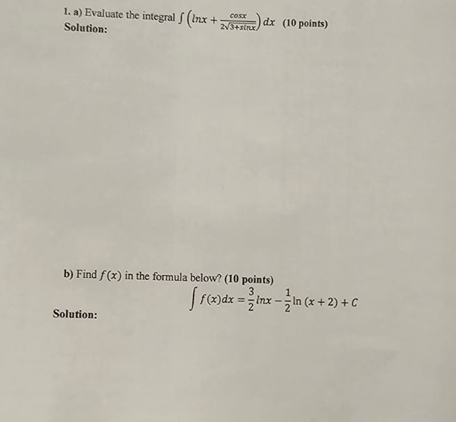 a ) Evaluate the integral ( l n x + c o s x 2 3 +