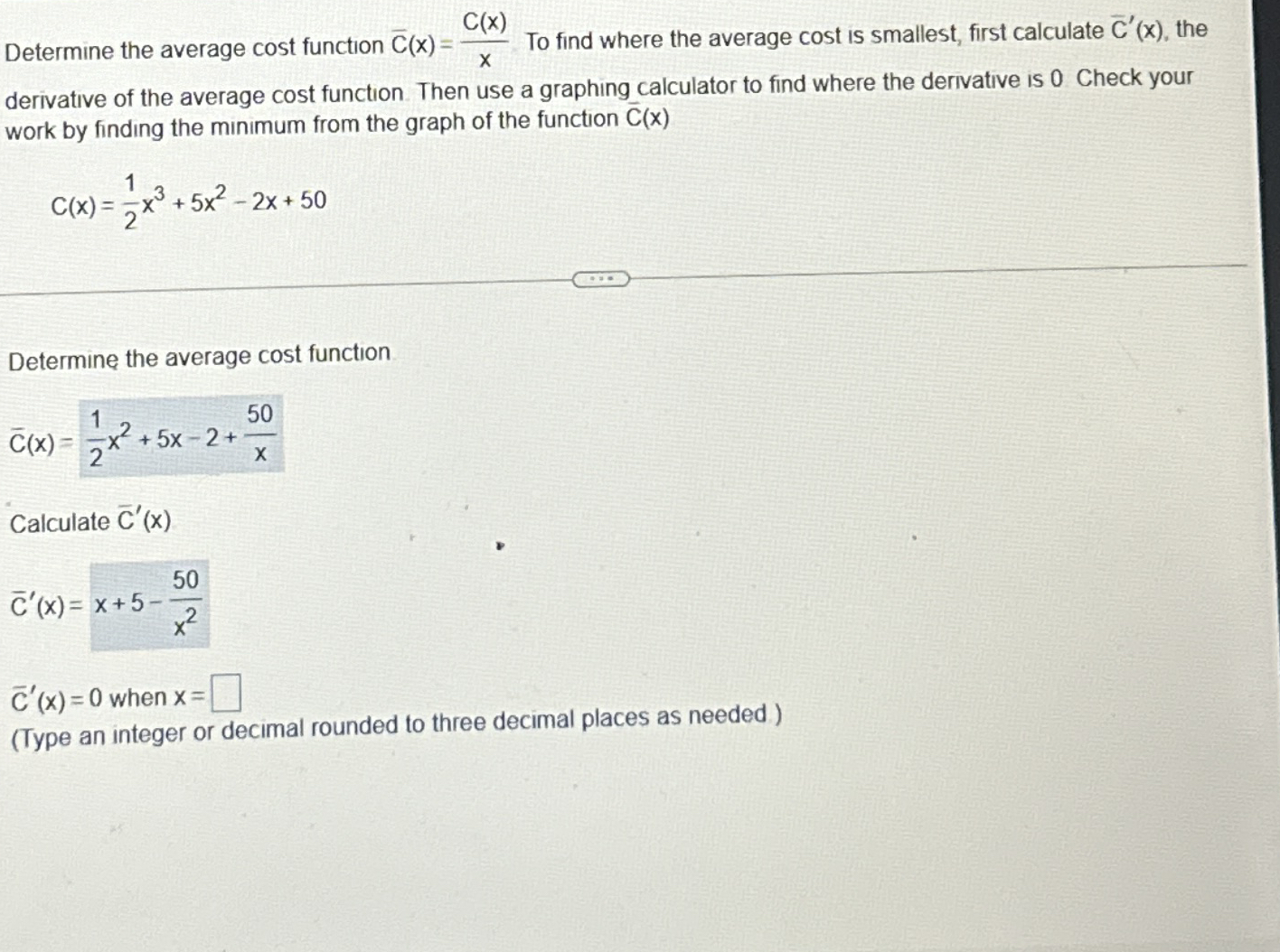 Determine the average cost function ? b a r ( C )