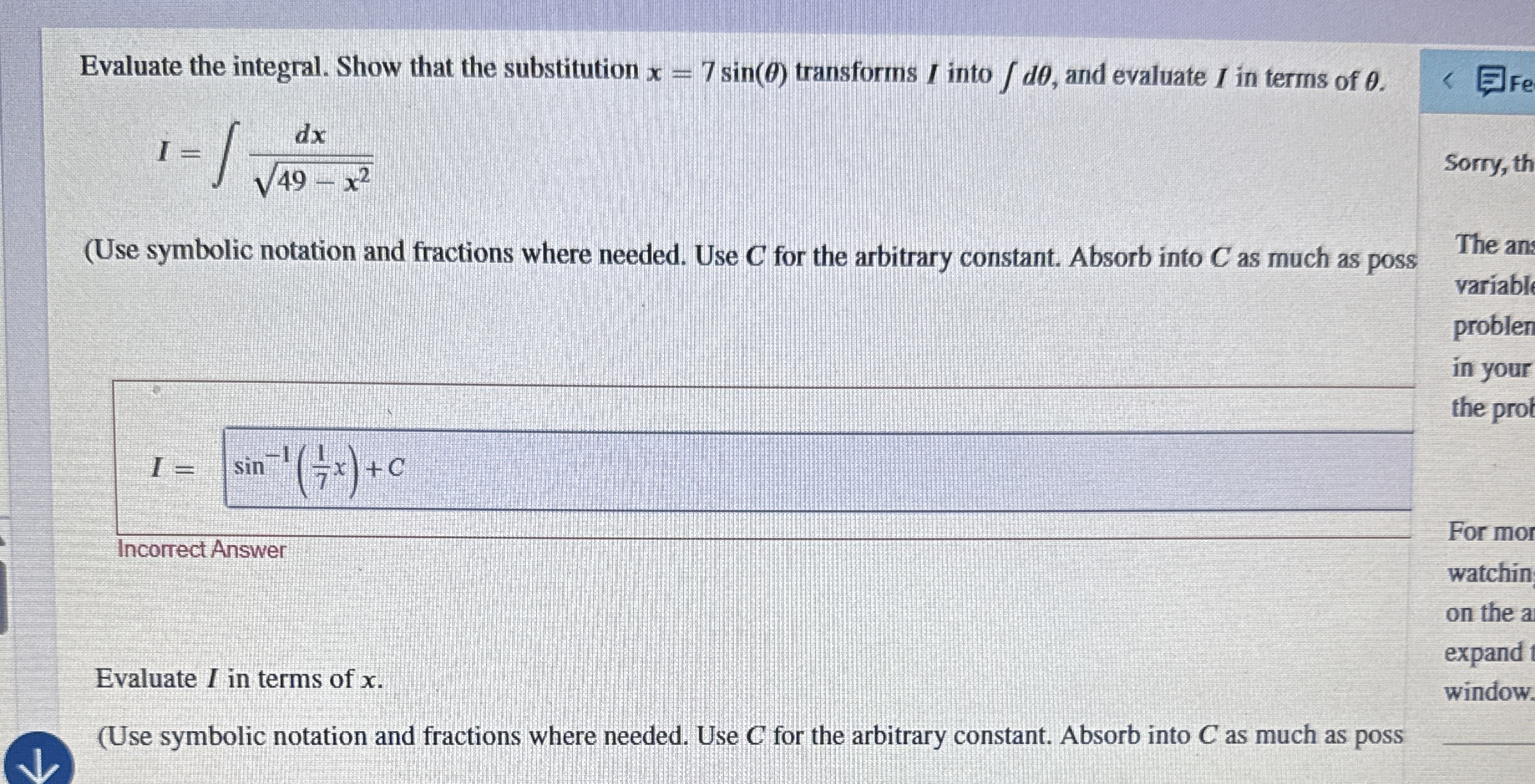 Evaluate the integral. Show that the substitution
