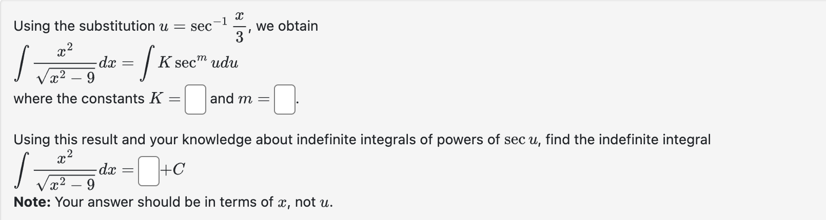 Using the substitution u = sec ^ ( - 1 ) ( ( x )