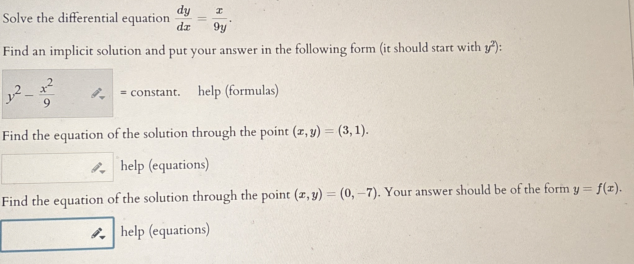 Solve the differential equation d y d x = x 9 y .