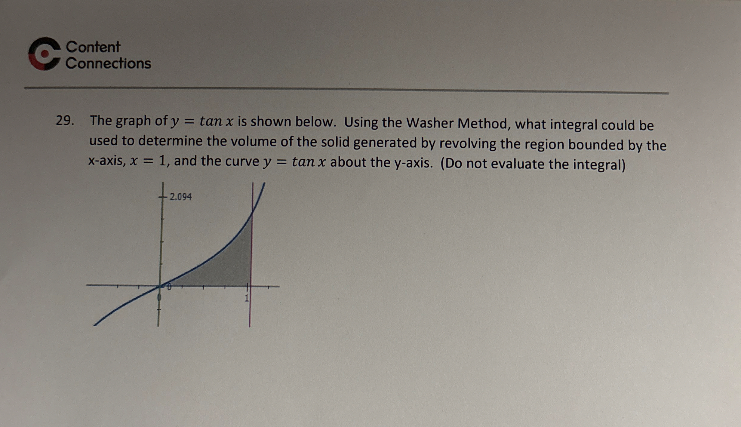 Content Connections 2 9 . The graph of y = t a n