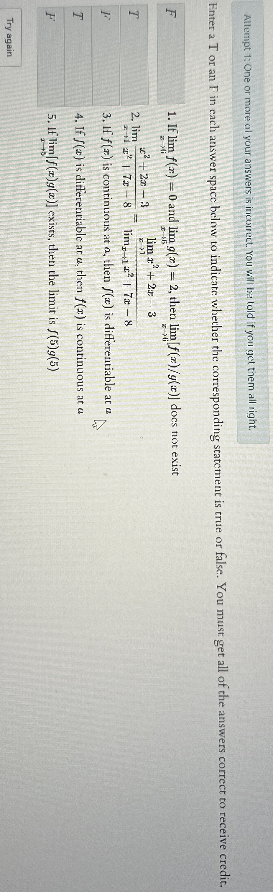 Attempt 1 : One or more of your answers is