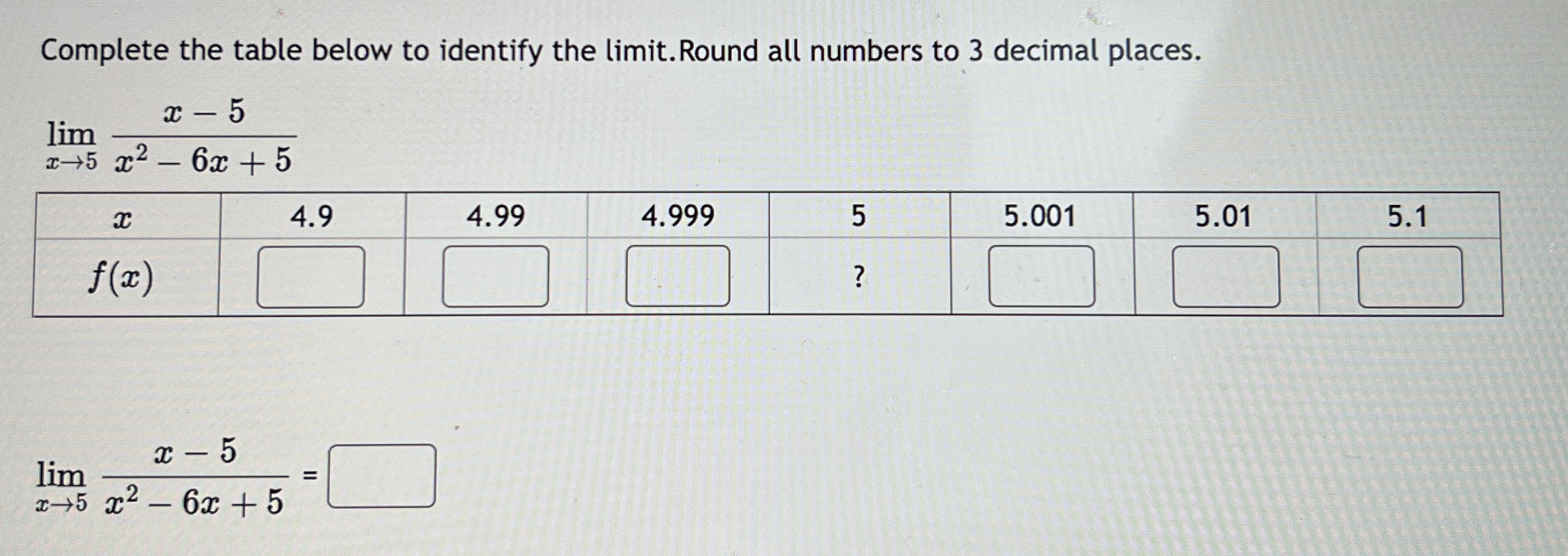 Complete the table below to identify the limit .
