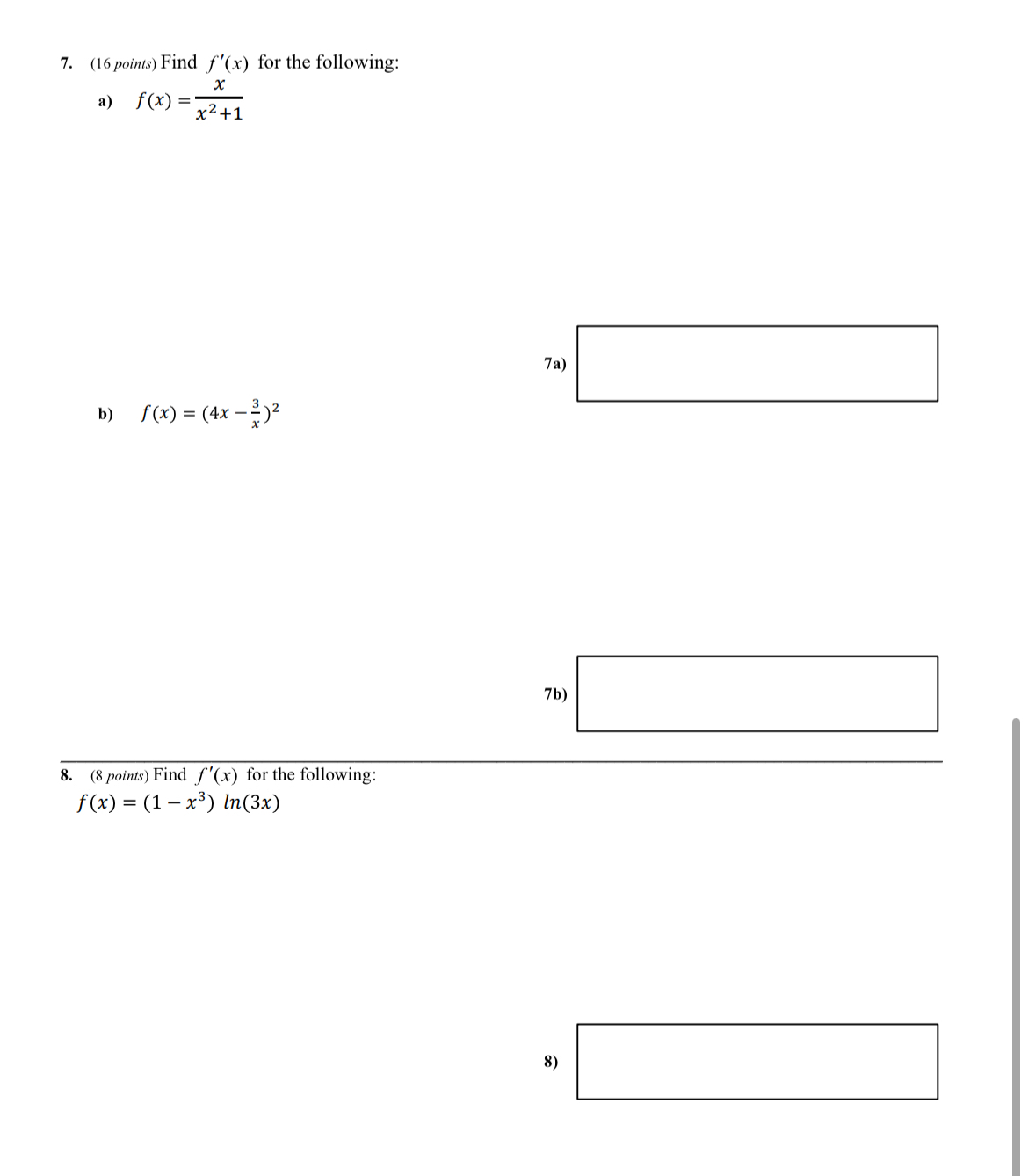 SHOW ALL YOUR WORK!! Find f ' ( x ) for the