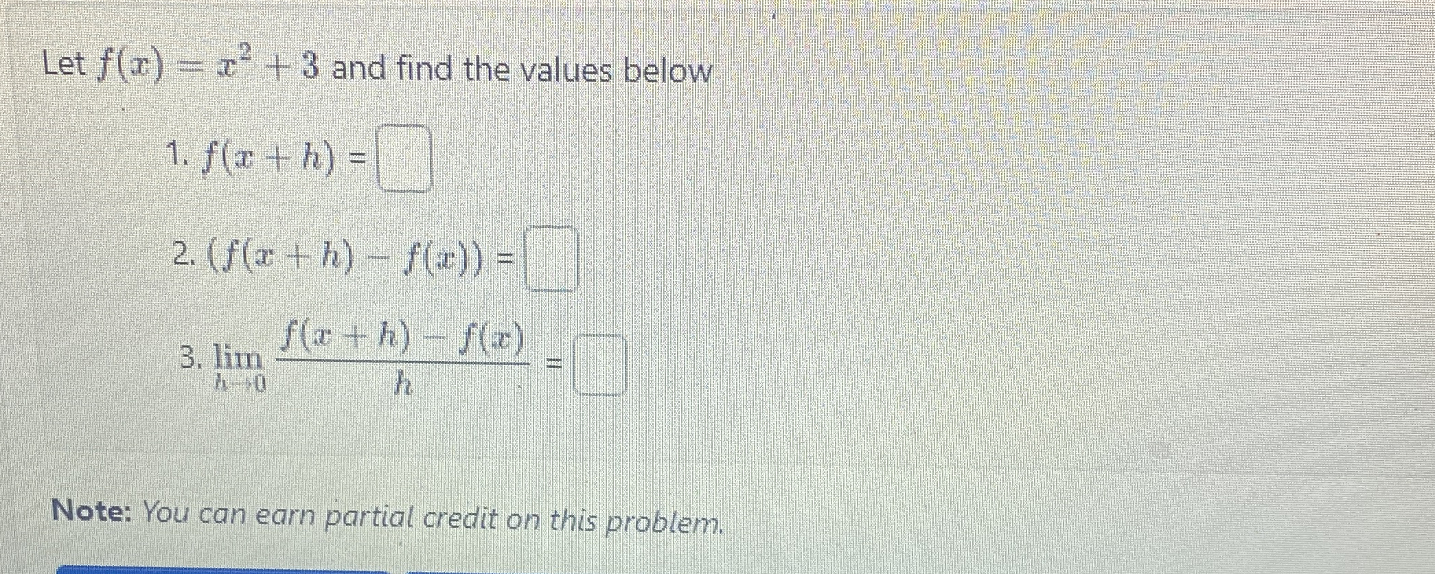 Let f ( x ) = x 2 3 and find the values below f (