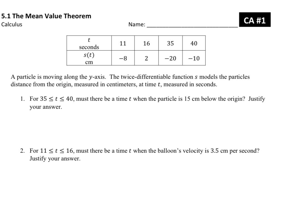 5 . 1 The Mean Value Theorem Calculus Name: CA #