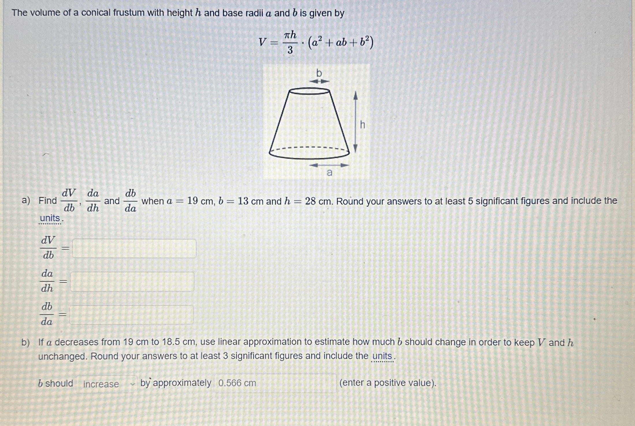 The volume of a conical frustum with height h and