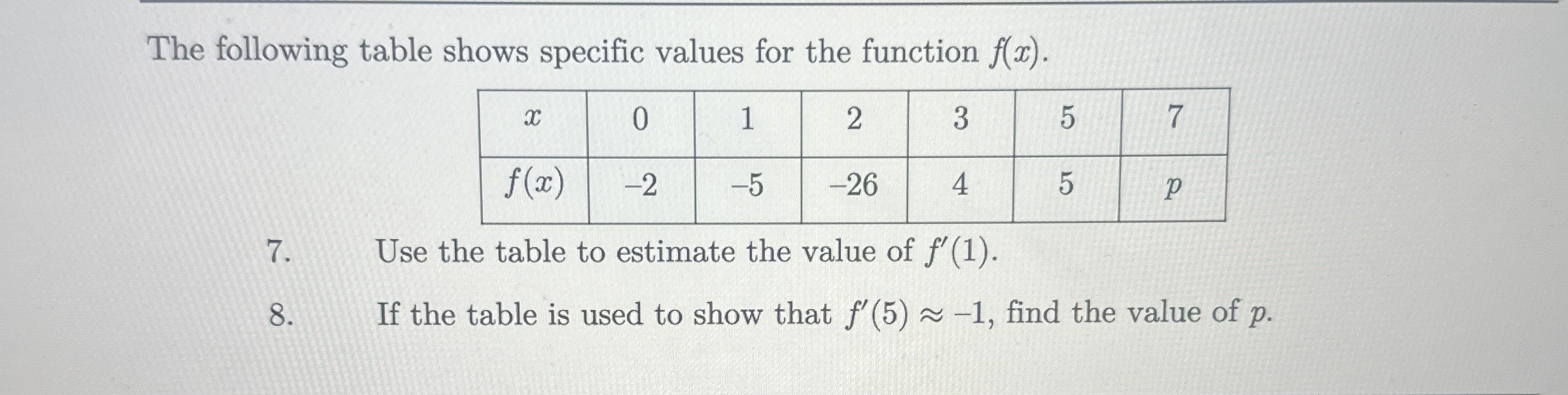 The following table shows specific values for the