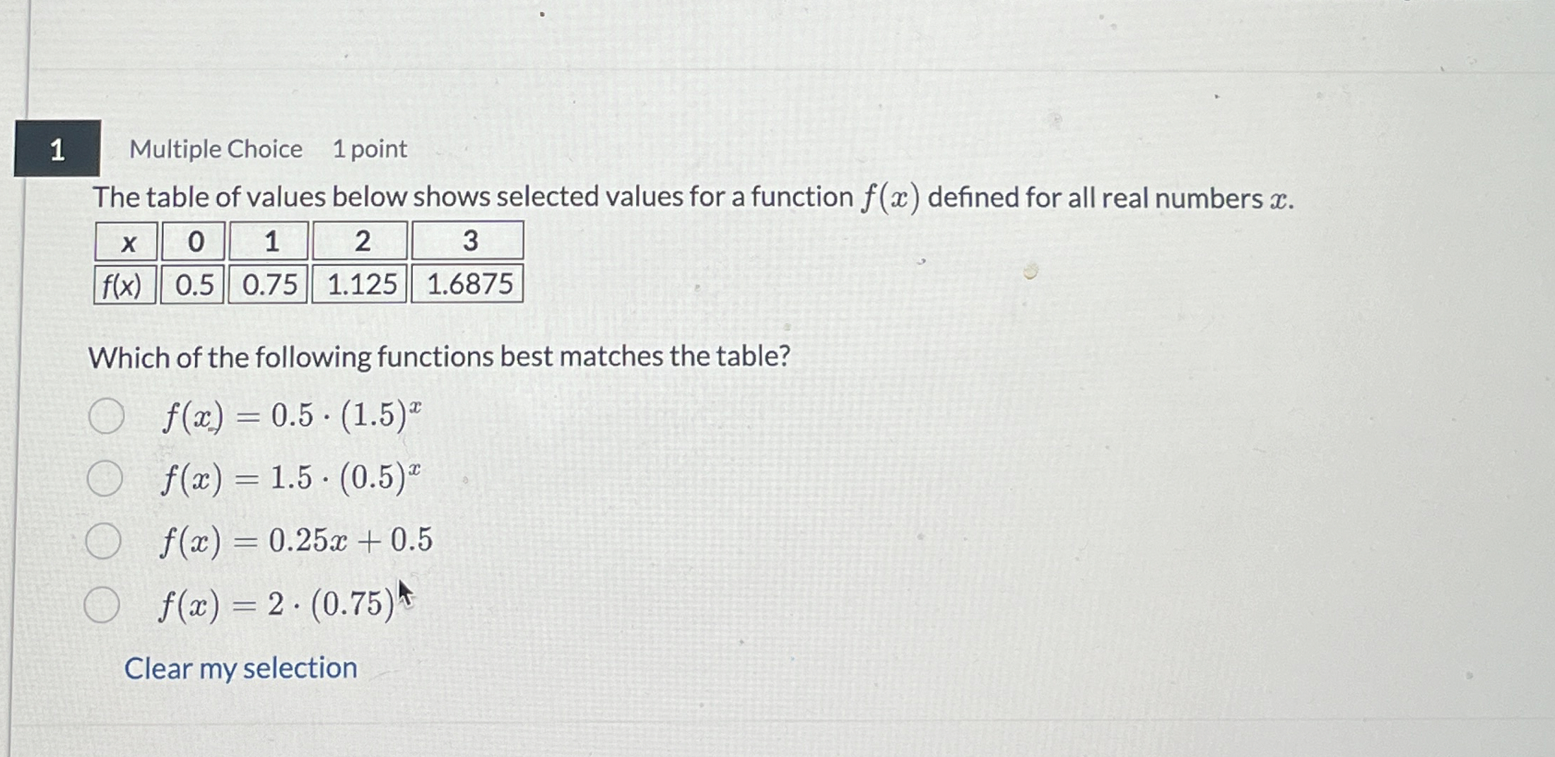1 Multiple Choice 1 point The table of values