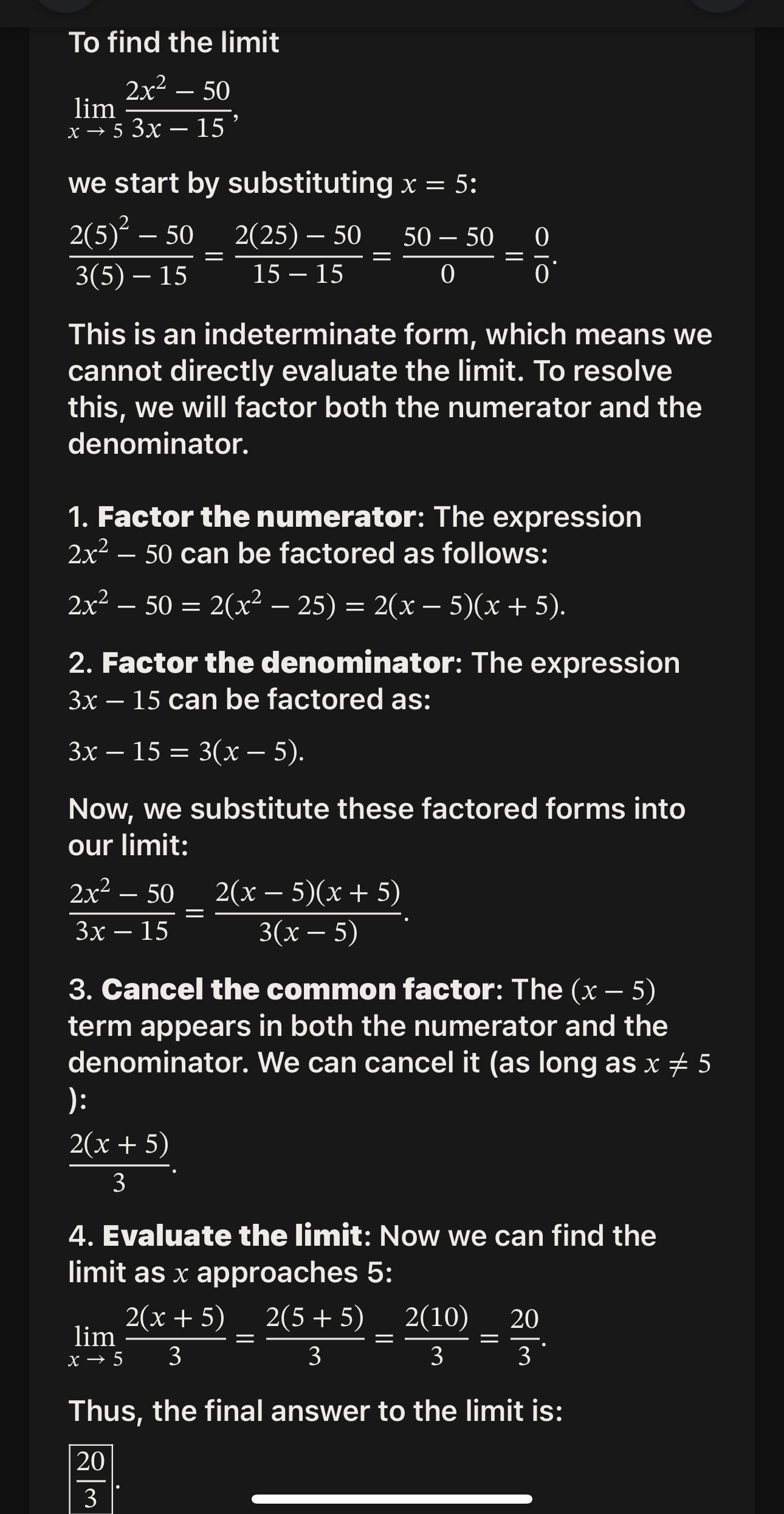 To find the limit lim x 5 2 x 2 - 5 0 3 x - 1 5
