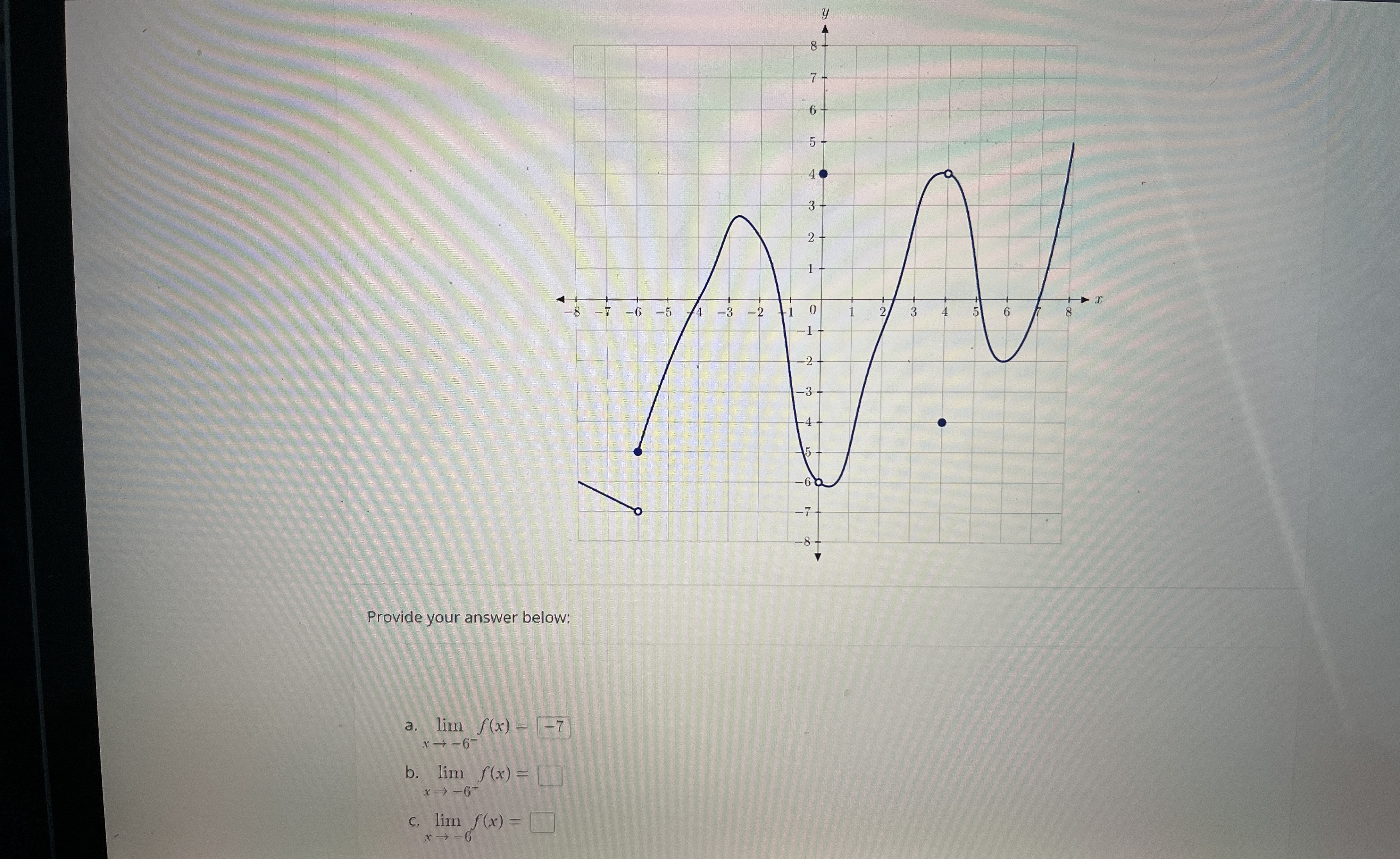 Provide your answer below: a . lim x - 6 - f ( x