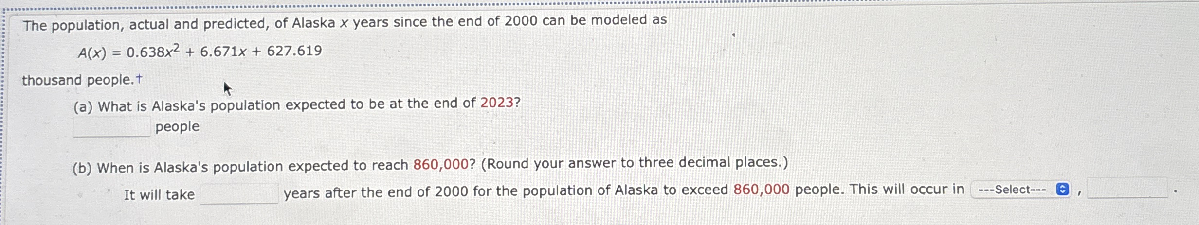 The population, actual and predicted, of Alaska x