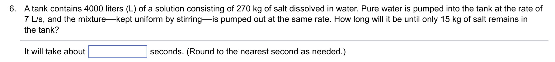 6 . A tank contains 4 0 0 0 liters \ ( ( \ mathrm