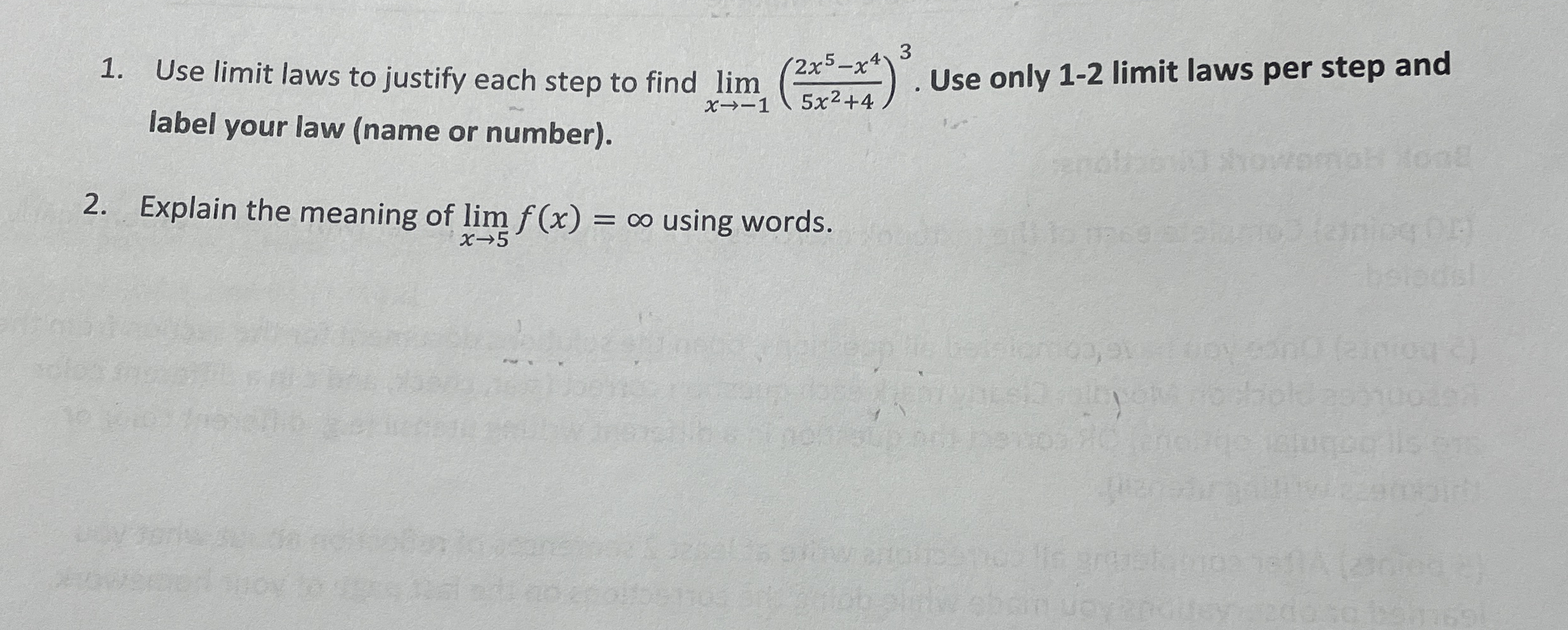 Use limit laws to justify each step to find lim x