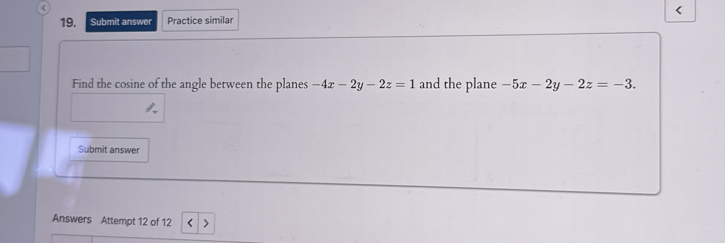 Find the cosine of the angle between the planes -
