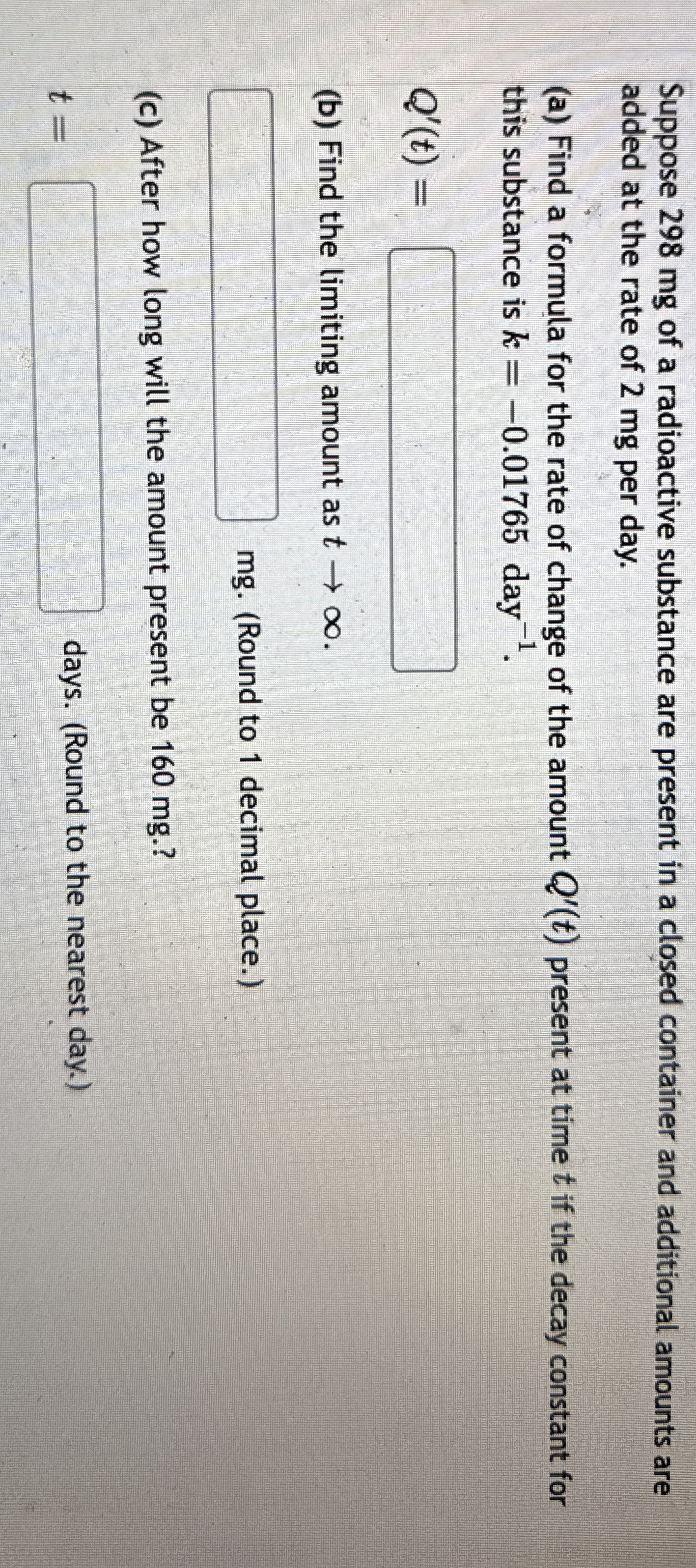 Suppose 2 9 8 mg of a radioactive substance are