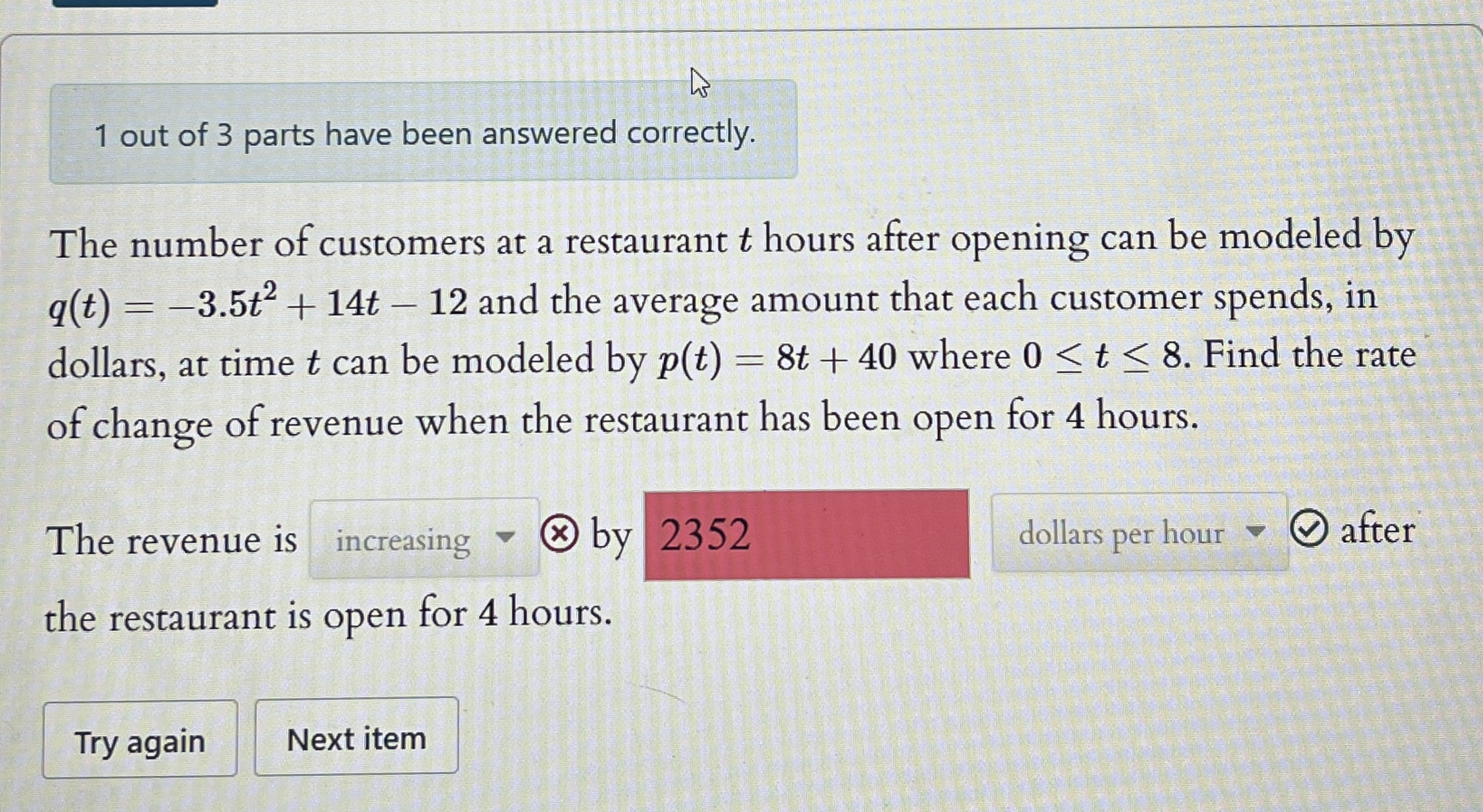 1 out of 3 parts have been answered correctly.