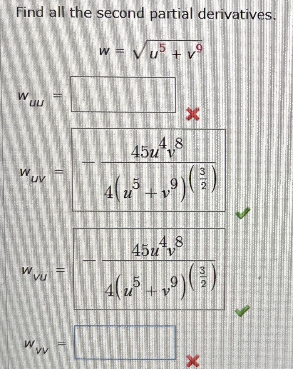 Find all the second partial derivatives. w = u 5