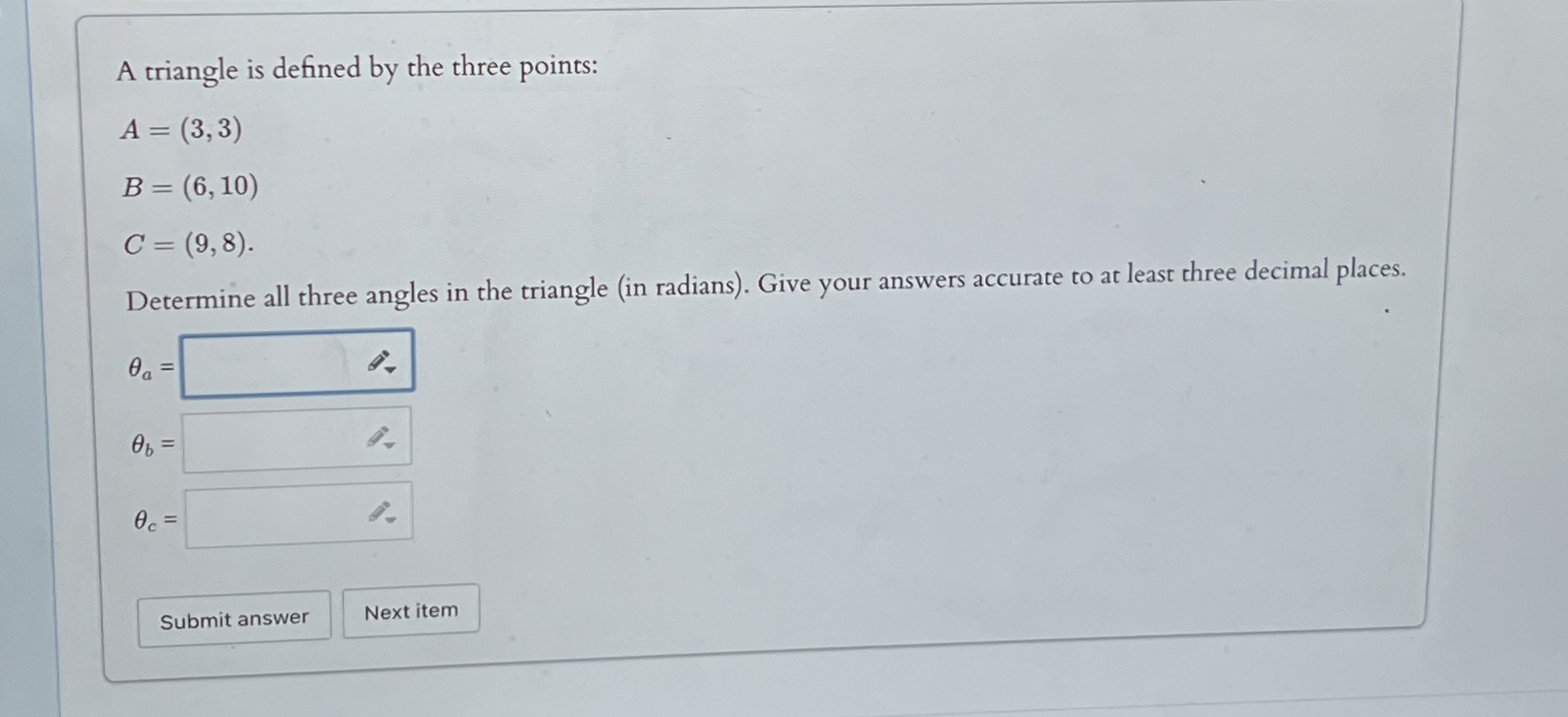 A triangle is defined by the three points: A = (
